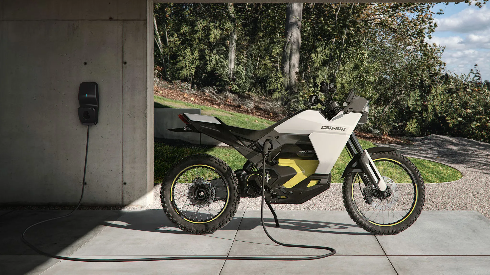 An electric motorcycle plugged into a home charger in a garage